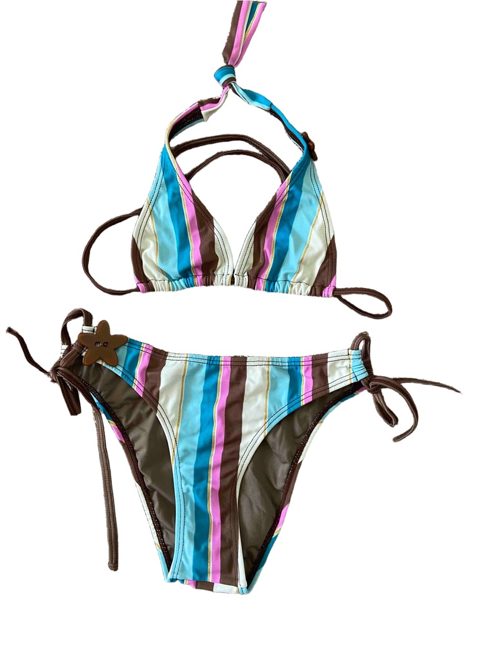 Submarine Girls Striped Tie-Side Bikini Set in Turquoise, Brown & Pink NWT 10 16